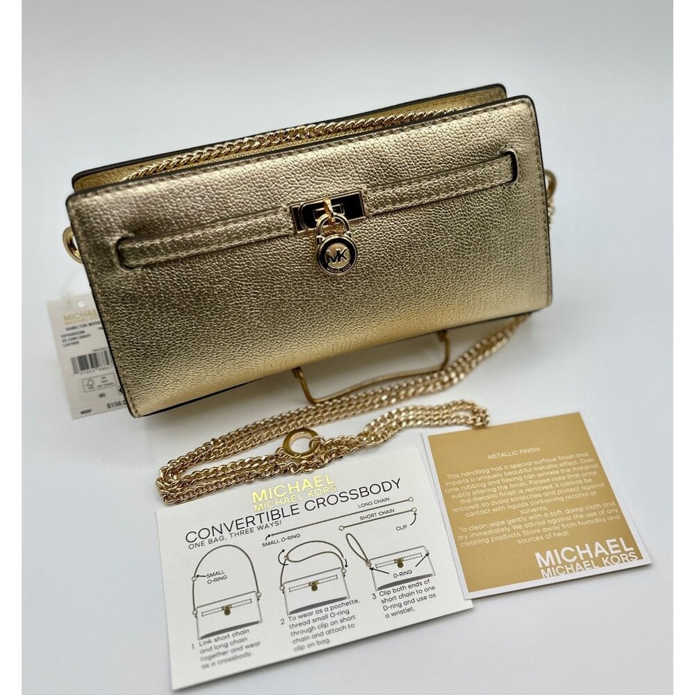 Michael Kors Hamilton Moderne Pale Gold XS Convertible Crossbody Clutch Bag NWT